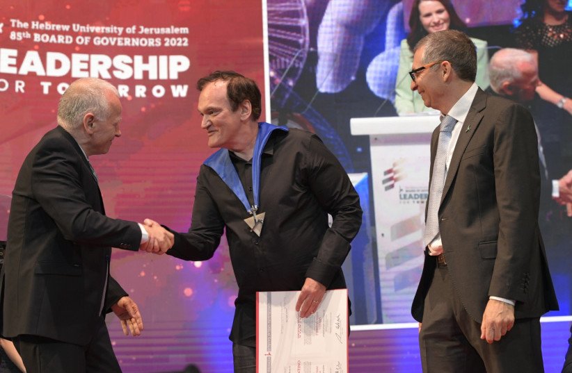  Tarantino receives his award at Hebrew University of Jerusalem's 85th Annual Board of Governors meeting. (photo credit: BRUNO CHARBIT)