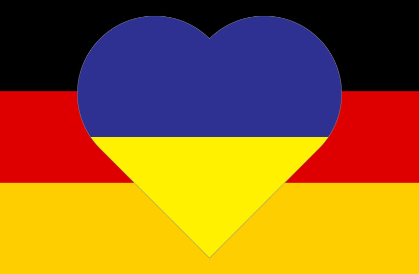 Ukrainian and German flag heart illustration. (photo credit: ISTOCK/GETTY IMAGES PLUS)