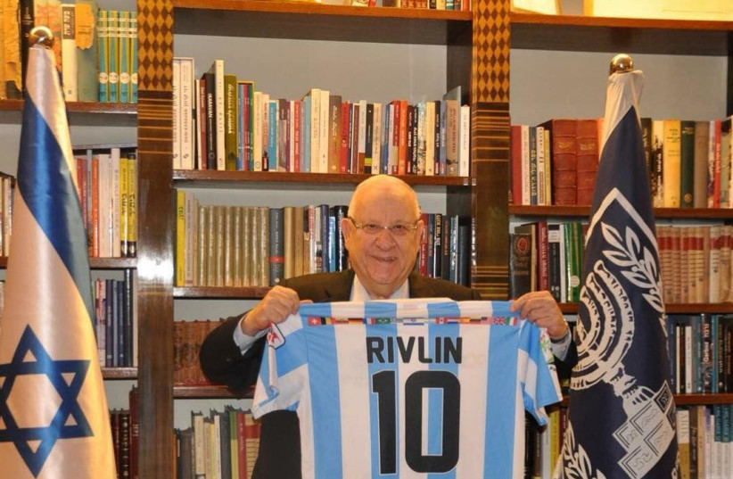  THEN-PRESIDENT Reuven Rivlin with an Inter Aliyah league jersey. (credit: Sam Sank)