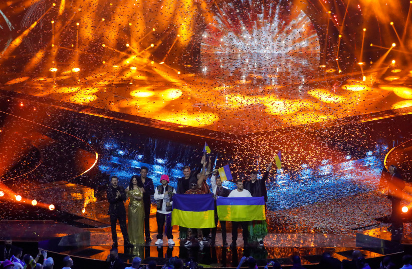  Kalush Orchestra from Ukraine appear on stage after winning the 2022 Eurovision Song Contest in Turin, Italy, May 15, 2022 (photo credit: REUTERS/YARA NARDI/FILE PHOTO)