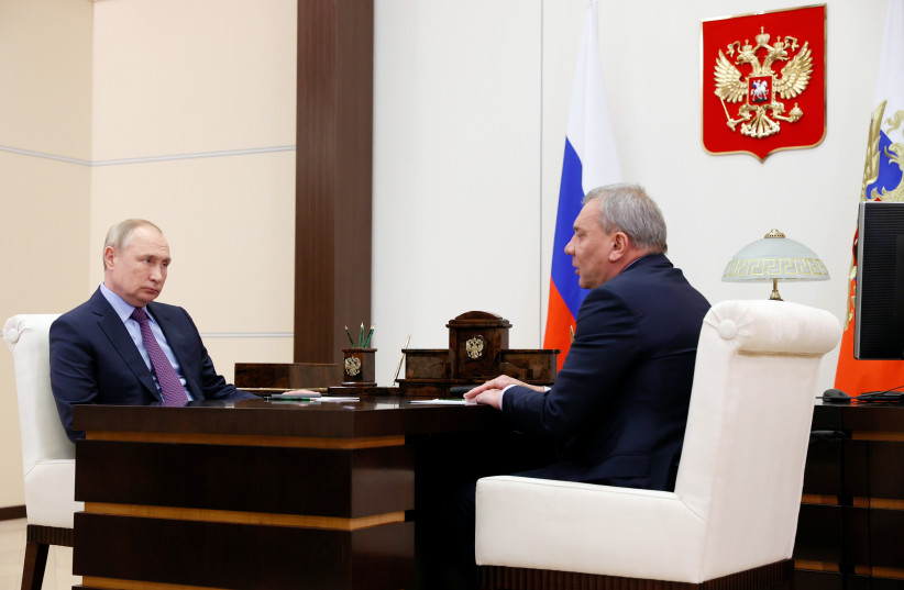  Russian President Vladimir Putin meets with Deputy Prime Minister Yuri Borisov at the Kremlin in Moscow, Russia April 4, 2022. (credit: SPUTNIK/MIKHAIL KLIMENTYEV/KREMLIN VIA REUTERS)