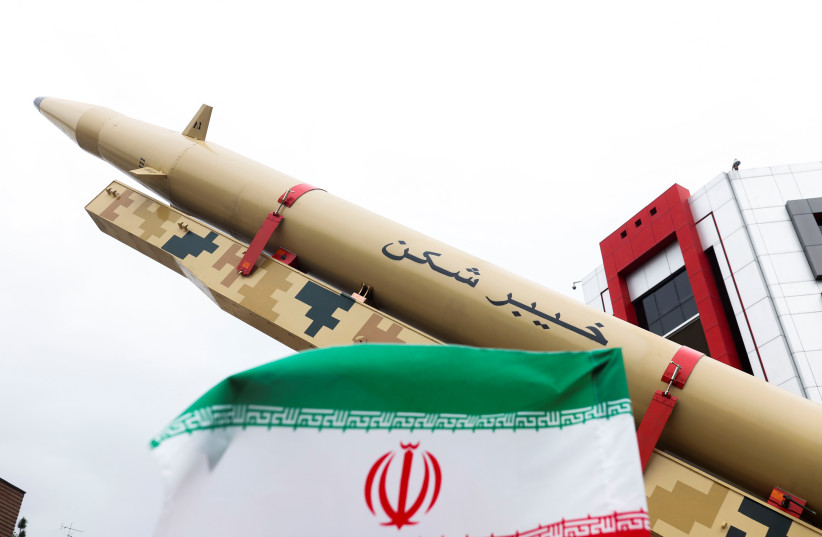  An Iranian missile is displayed during a rally marking the annual Quds Day, or Jerusalem Day, on the last Friday of the holy month of Ramadan in Tehran, Iran April 29, 2022. (photo credit: MAJID ASGARIPOUR/WANA (WEST ASIA NEWS AGENCY) VIA REUTERS)