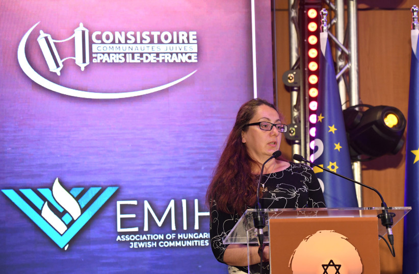  Aliza, from Mariupol, addresses the audience at the European Jewish Association’s annual conference, June 21, 2022 (photo credit: YOSSI ZELIGER)