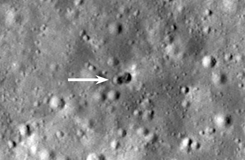A rocket body impacted the Moon on March 4, 2022, near Hertzsprung crater, creating a double crater roughly 28 meters wide in the longest dimension. LROC NAC M1407760984R; image enlarged 3x (photo credit: NASA/Goddard/Arizona State University)