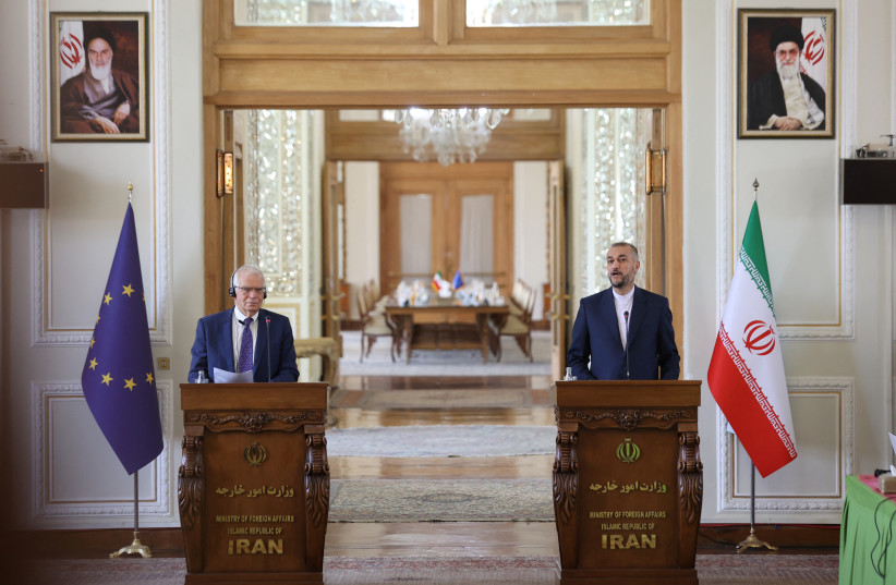  Iran's Foreign Minister Hossein Amir-Abdollahian and High Representative of the European Union for Foreign Affairs and Security Policy Josep Borrell attend a joint news conference, in Tehran, Iran June 25, 2022 (photo credit:  MAJID ASGARIPOUR/WANA (WEST ASIA NEWS AGENCY) VIA REUTERS)