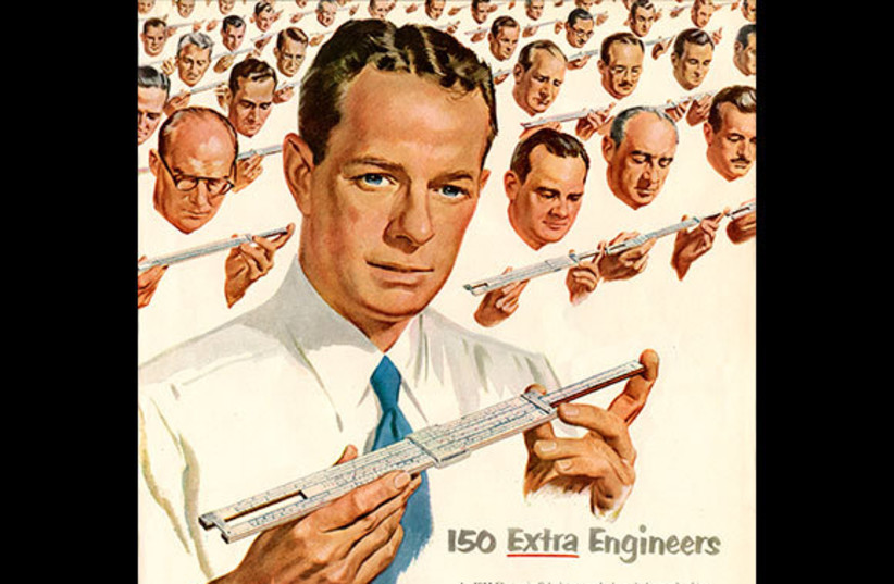 The end of the age of the slide rule: one computer can replace 150 engineers (with slide rules). A campaign by IBM advertising its computer in 1951 (credit: WIKIPEDIA/PUBLIC DOMAIN)