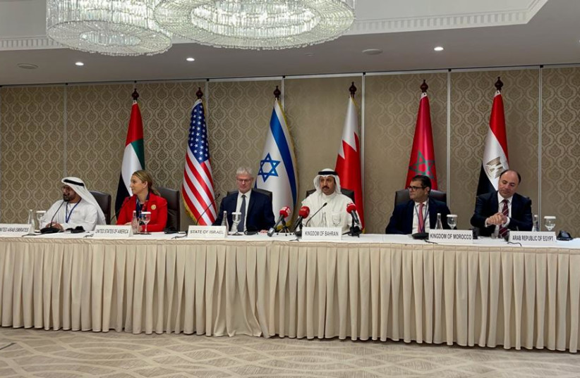  Israel met with Bahraini, Emirati, Moroccan, Egyptian and US officials on Monday in Manama, concluding the Negev Summit Steering Committee.  (credit: ISRAEL FOREIGN MINISTRY)