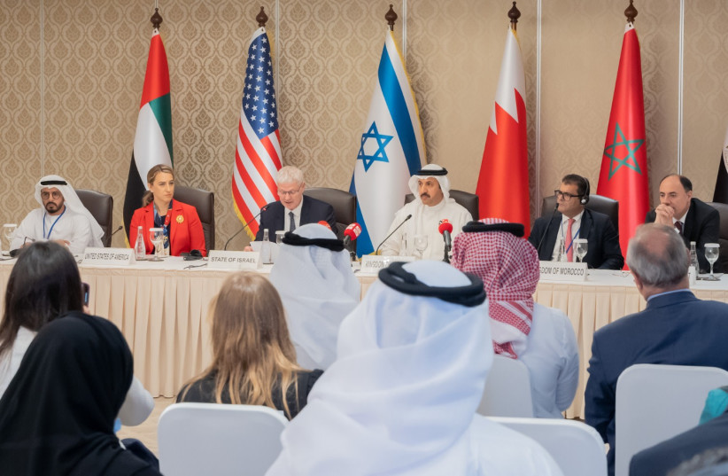  Representatives of the UAE, US, Israel, Bahrain Morocco and Egypt at the Steering Committee of the Negev Forum, June 27, 2022.  (photo credit: BAHRAIN MINISTRY OF FOREIGN AFFAIRS)