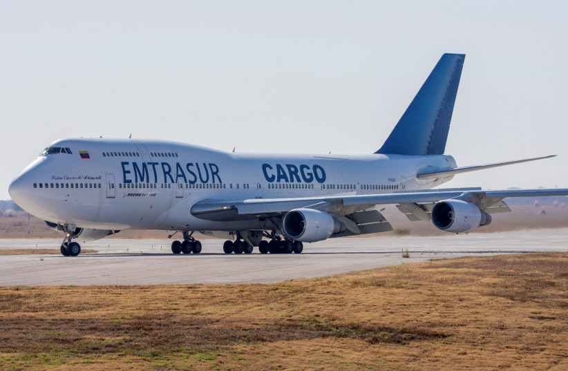  A view of the Boeing 747 aircraft registered with the number YV3531 of Venezuelan Emtrasur Cargo airline, at the Cordoba International airport, Ambrosio Taravella, in Cordoba, Argentina, June 6, 2022 (photo credit: REUTERS/Sebastian Borsero)