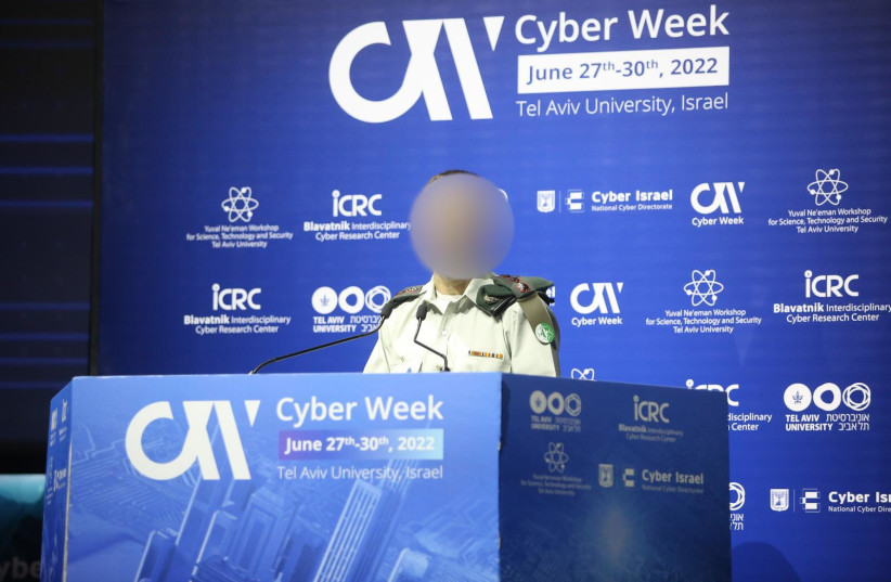  IDF Unit 8200 deputy chief Col. U. is seen speaking at Tel Aviv University's annual Cyber Week, on June 29, 2022. (photo credit: Cyber Week Tel Aviv University)
