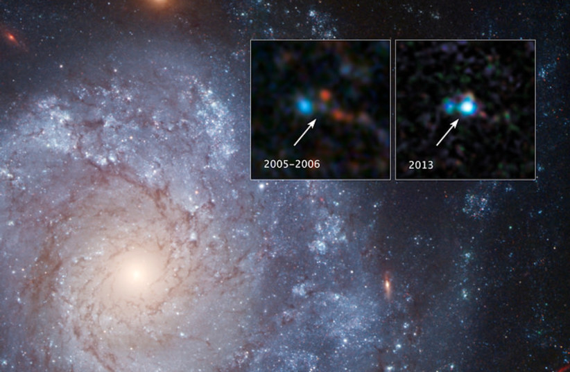  The two inset images show before-and-after images captured by NASA’s Hubble Space Telescope of Supernova 2012Z in the spiral galaxy NGC 1309. The white X at the top of the main image marks the location of the supernova in the galaxy. (credit: Wikimedia Commons)