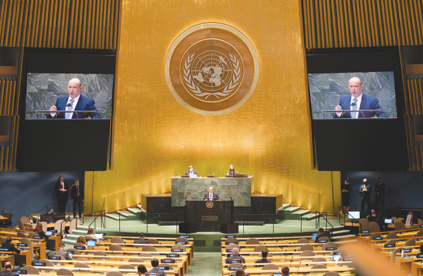  PRIME MINISTER Naftali Bennett addresses the UN General Assembly, last September. Unlike Bennett, during whose speech the hall was sparsely occupied, Netanyahu is recognized internationally as an accomplished statesman, says the writer.  (photo credit: REUTERS)