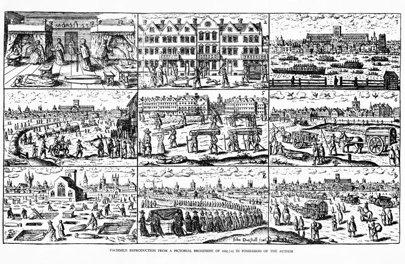  Detail from the woodcut, ‘Nine images of the Great Plague of London,’ 1665. (credit: Wellcome Library, London, by Walter George Bell)