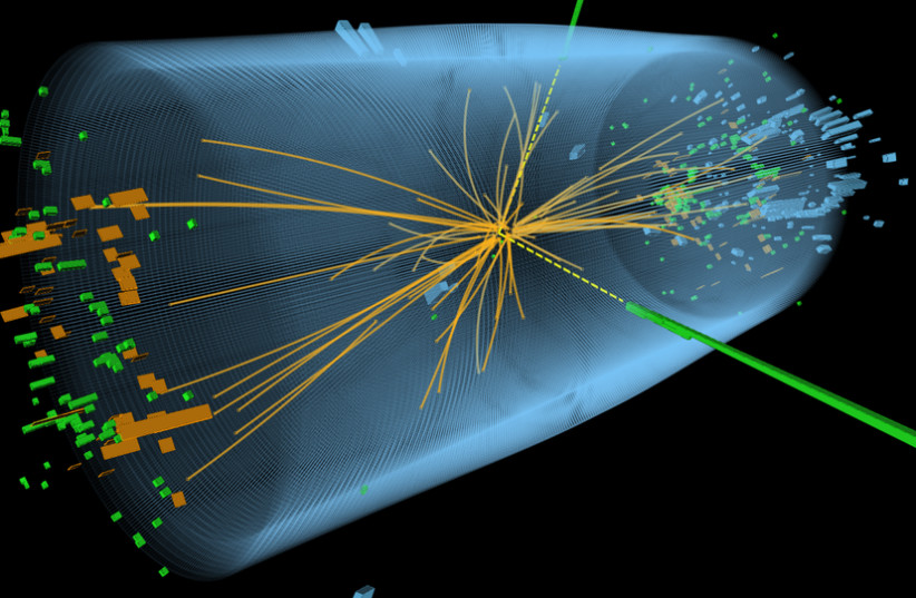  3D view of an event recorded with the CMS detector in 2012 at a proton-proton centre of mass energy of 8 TeV. The event shows characteristics expected from the decay of the SM Higgs boson to a pair of photons (dashed yellow lines and green towers). (credit: Wikimedia Commons)