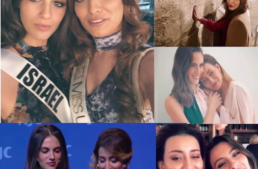 Top left: The famous selfie Miss Universe Israel Adar Gandelsman and Miss Universe Iraq Sarah Idan took in 2017. Bottom left: Adar and Sarah speak at an AJC public conference. Top right: Idan visits the Western Wall. Middle and bottom right: Since 2017, Idan and Gandelsman have built a true bond. (photo credit: JOSEPH SCUTTS)