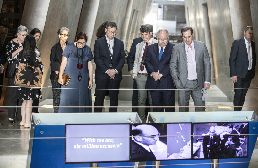  ON HIS visit to Yad Vashem, with his wife, Myriam (L), Yad Vashem chairman Danny Dayan (Second from R) and Genesis Prize Foundation chairman Stan Polovets (R).  (credit: LENS PRODUCTIONS)