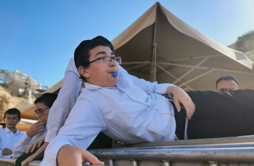  A haredi boy protests at the Egalitarian prayer section of the Western Wall by blowing a whistle and disrupting prayer. (credit: MASORTI MOVEMENT)