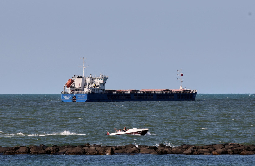  Russian-flagged cargo ship Zhibek Zholy is seen off the coast of Black Sea port of Karasu, Turkey (photo credit: REUTERS/YORUK ISIK/FILE PHOTO)
