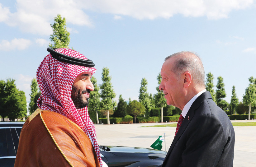  TURKISH PRESIDENT Recep Tayyip Erdogan and Saudi Crown Prince Mohammed bin Salman meet during a welcoming ceremony at the Presidential Palace in Ankara, June 22. (photo credit: Murat Cetinmuhurdar/PPO/Reuters)
