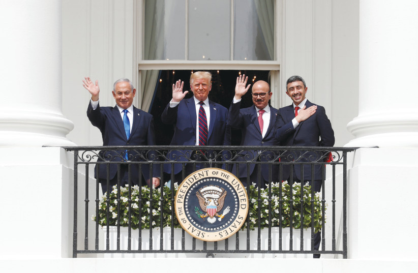  THEN-US PRESIDENT Donald Trump hosts the leaders of Israel, Bahrain and the UAE for the Abraham Accords signing ceremony at the White House, 2020. President Joe Biden should put his personal stamp on the accords, says the author. (photo credit: TOM BRENNER/REUTERS)