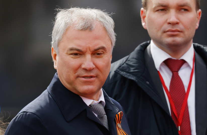 Russia's State Duma Speaker Vyacheslav Volodin attends a military parade on Victory Day, which marks the 77th anniversary of the victory over Nazi Germany in World War Two, in Red Square in central Moscow, Russia May 9, 2022. (photo credit: REUTERS/MAXIM SHEMETOV)