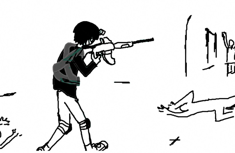  A drawing of a person holding a gun is seen in this still image taken from a video uploaded by Robert (Bob) E. Crimo III, a person of interest in the mass shooting that took place at a Fourth of July parade route in the wealthy Chicago suburb of Highland Park. (credit: ROBERT CRIMO/VIA REUTERS)