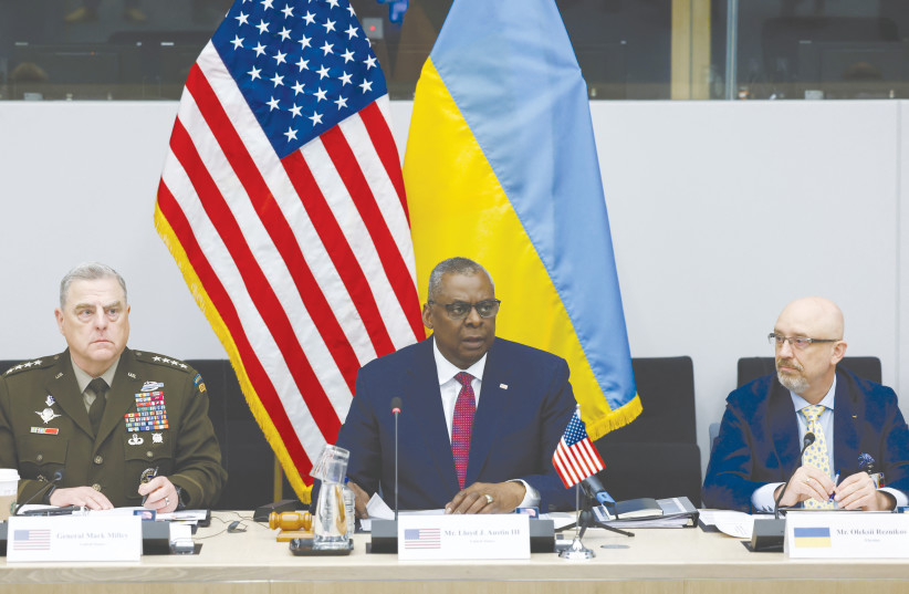  US DEFENSE SECRETARY Lloyd Austin speaks, as he sits between US Chairman of the Joint Chiefs of Staff General Mark Milley and Ukraine’s Defense Minister Oleksii Reznikov, at a Ukraine Defense Contact group meeting in Brussels, last month (credit: YVES HERMAN/REUTERS)
