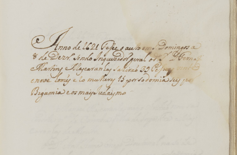  18th century manuscript, found in the Central Archives for the History of the Jewish People at the National Library of Israel, includes details from the first 130 years of the Portuguese Inquisition in Lisbon, including numbers of the victims, charges and sentences (credit: THE NATIONAL LIBRARY OF ISRAEL)