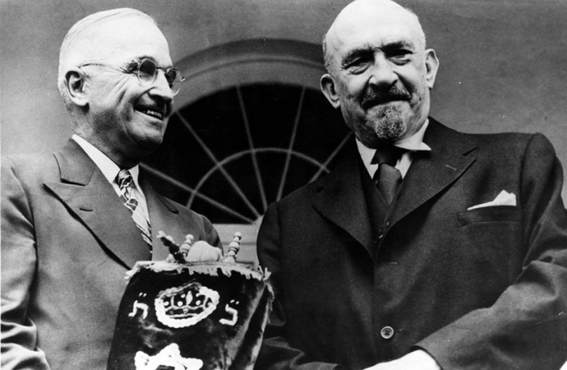  THEN-PRESIDENT of Israel Dr. Chaim Weizmann presents a Torah to President Harry Truman during a visit to the White House. (credit: Truman Library)