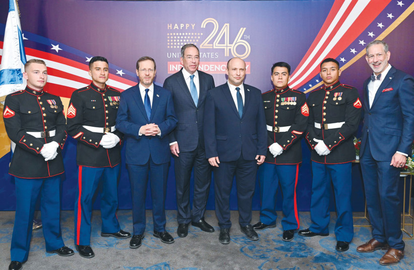  MEMBERS OF the US Marine Corps with (from left) President Isaac Herzog, US Ambassador Tom Nides, Alternate Prime Minister Naftali Bennett and outgoing Deputy Chief of Mission Jonathan Shrier.  (photo credit: KOBI GIDEON/GPO)