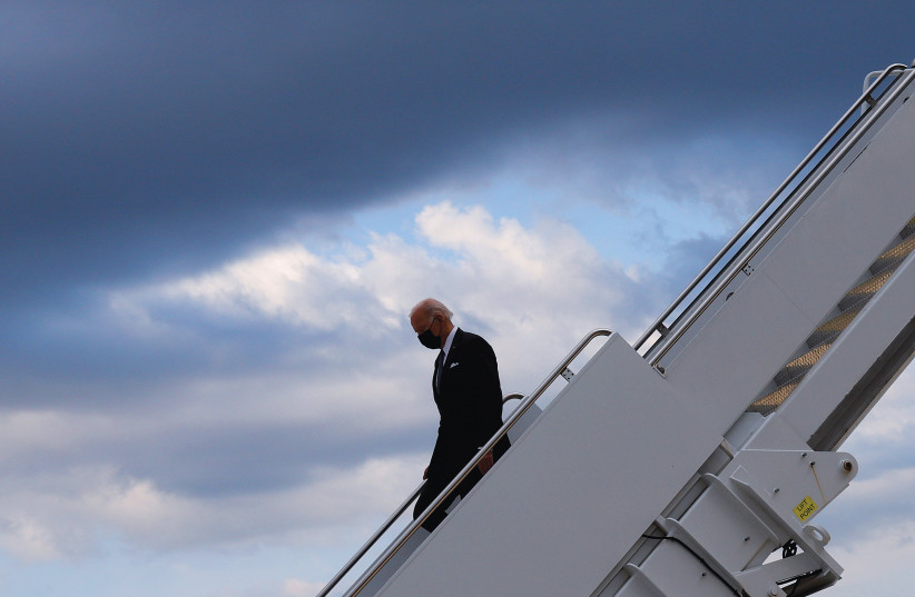  US PRESIDENT Joe Biden disembarks from Air Force One last month. Next week, he’ll be greeted in Jerusalem by Prime Minister Yair Lapid and a number of hot issues on the Israel-US agenda.  (credit: JONATHAN ERNST/REUTERS)