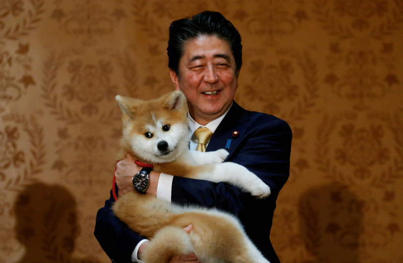  Japanese Prime Minister Shinzo Abe poses with an Akita Inu puppy presented to Russian figure skating gold medallist Alina Zagitova, in Moscow, Russia May 26, 2018.  (credit: REUTERS/MAXIM SHEMETOV)