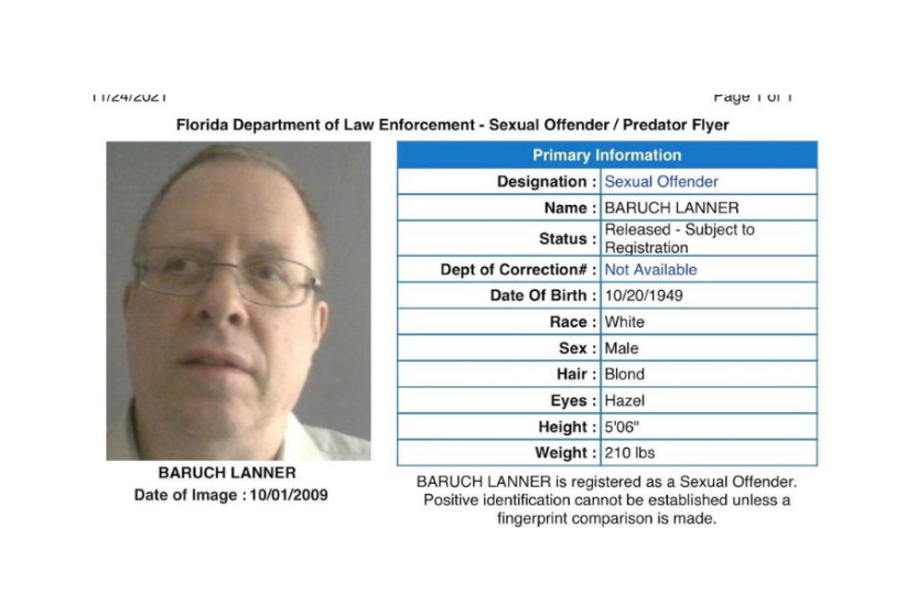  Baruch Lanner, who was convicted of abusing students at a New Jersey yeshiva where he worked, is seen here on Florida's sex offender registry. (photo credit: SCREENSHOT VIA JTA)