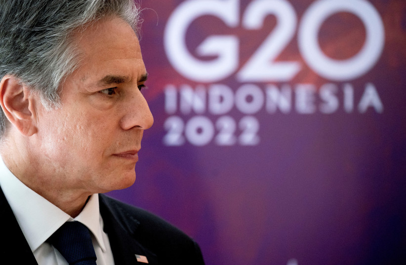  US Secretary of State Antony Blinken attends a meeting with Indonesia's Foreign Minister Retno Marsudi during the G20 Foreign Ministers' Meeting in Nusa Dua on the Indonesian resort island of Bali on July 8, 2022 (photo credit: STEFANI REYNOLDS/POOL VIA REUTERS)