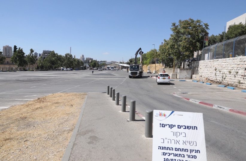 First station parking lot preparations for Biden helicopter arrival. (credit: MARC ISRAEL SELLEM/THE JERUSALEM POST)