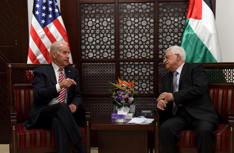 Then US Vice-President Joe Biden meets with Palestinian President Mahmoud Abbas in the West Bank city of Ramallah March 9, 2016. (photo credit: REUTERS/DEBBIE HILL/POOL)