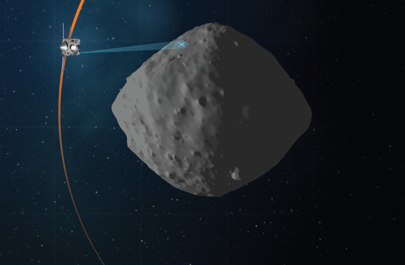  This artist’s concept shows the planned flight path of NASA’s OSIRIS-REx spacecraft (not to scale) during its final flyby of asteroid Bennu, which is scheduled for April 7. (credit: NASA/Goddard/University of Arizona)