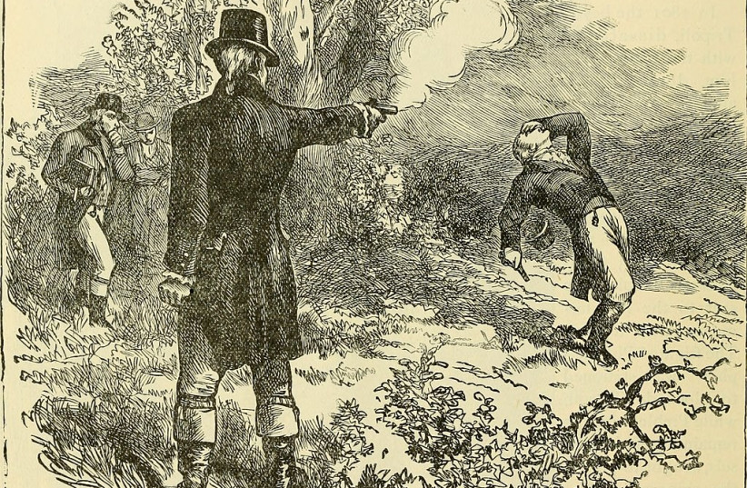  Illustration depicting the duel between Aaron Burr and Alexander Hamilton. (photo credit: Wikimedia Commons)