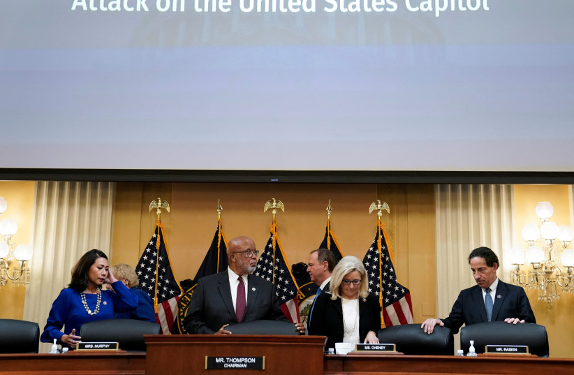 Committee Chairperson Rep. Bennie Thompson (D-MS), US Rep Stephanie Murphy (D-FL), Vice Chair US Rep Liz Cheney (R-WY) and US Rep Jamie Raskin (D-MD) get seated during a public hearing of the U.S. House Select Committee to investigate the January 6 Attack on US Capitol Hill, July 12, 2022. (credit: REUTERS/ELIZABETH FRANTZ)