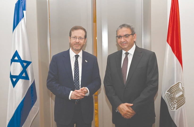  PRESIDENT ISAAC HERZOG with Egyptian Ambassador Khaled Azmi. (photo credit: KOBI GIDEON/GPO)