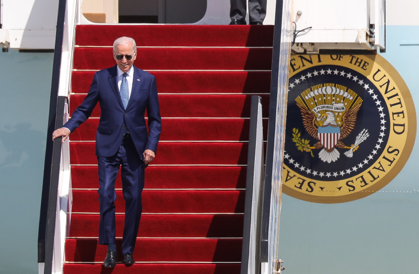  US president Joe Biden arrives at Ben Gurion Airport near Tel Aviv on July 13, 2022, for his first official visit to Israel since becoming US president. (credit: NOAM REVKIN FENTON/FLASH90)