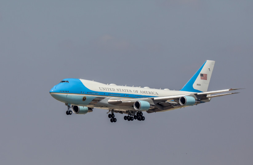 The Presidential plane carrying US president Joe Biden arrive at Ben Gurion Airport near Tel Aviv on July 13, 2022 (credit: NOAM REVKIN FENTON/FLASH90)