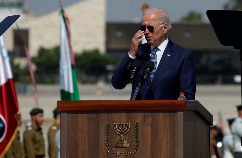 US President Joe Biden delivers remarks during welcoming ceremony at Ben Gurion International Airport in Lod, near Tel Aviv, Israel, July 13, 2022 (credit: AMIR COHEN/REUTERS)