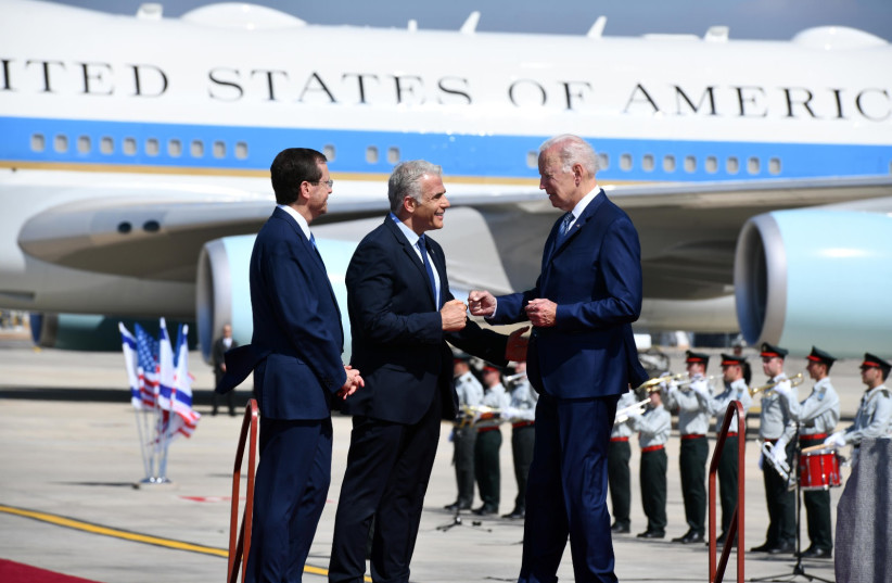  US President Joe Biden participates in a welcoming ceremony at Ben Gurion International Airport in Lod, near Tel Aviv, Israel, July 13, 2022 (photo credit: CHAIM TZACH/GPO)