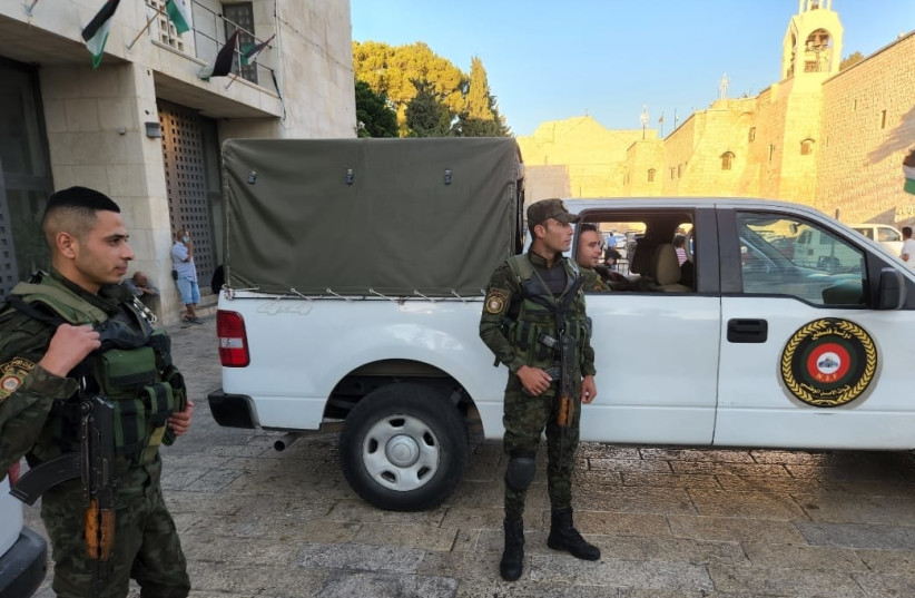 Palestinian Authority forces at Manger Square, Bethlehem on July 13, 2022 (credit: KHALED ABU-TOAMEH)