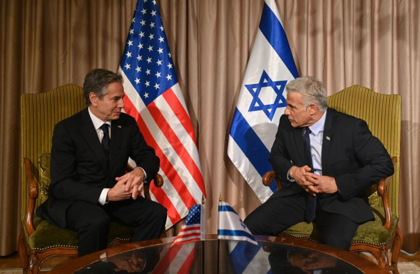 Prime Minister Yair Lapid and US Secretary of State Antony Blinken meet on July 13, 2022 (credit: KOBI GIDEON/GPO)