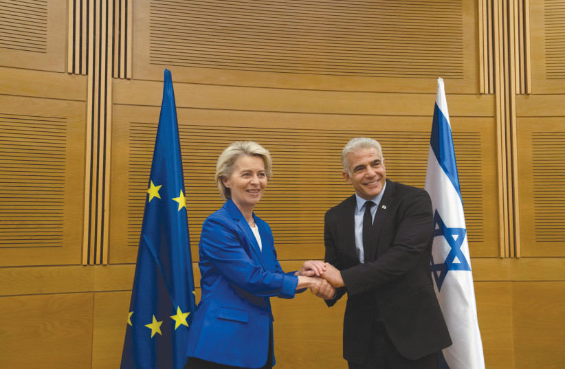 EUROPEAN COMMISSION President Ursula von der Leyen meets with Foreign Minister Yair Lapid, before he became prime minister, in the Knesset last month. (photo credit: MAYA ALLERUZZO/REUTERS)
