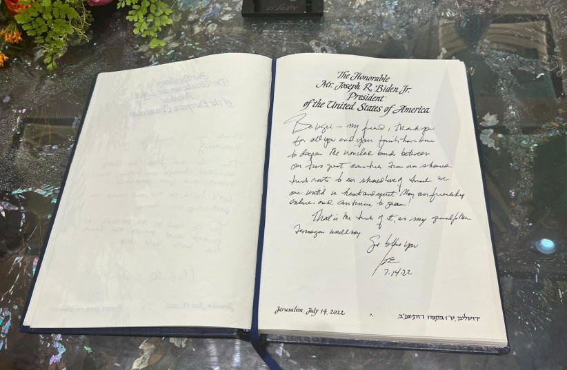  President Joe Biden's greeting in the guest book at the President's Residence in Jerusalem on July 14. (credit: PRESIDENT'S OFFICE)