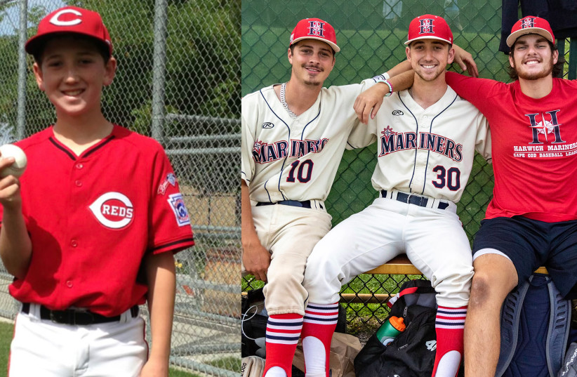  At left, Eric Reyzelman at 12 years old. At right, Reyzelman (center) with his Cape Cod League teammates Beau Keathley and Trey Dombroski. (credit: COURTESY/JTA)