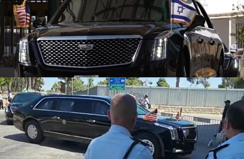  Screenshots from Israel Police video showing that an Israeli flag on Biden's vehicle was replaced with an American flag when entering east Jerusalem (photo credit: Screenshot/Israel Police/Jerusalem Post Staff edit)